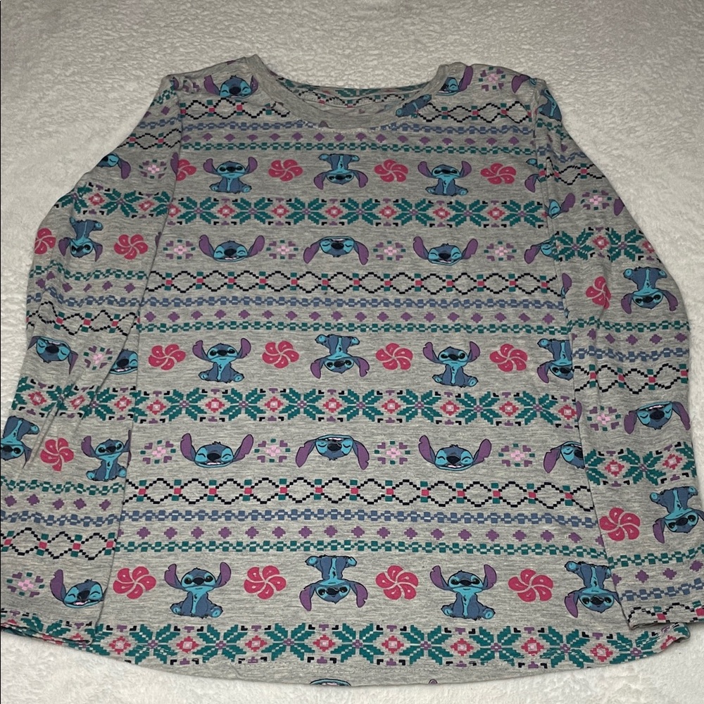 Disney Gray Long-Sleeve Tee with Blue Stitch and Pink Accents